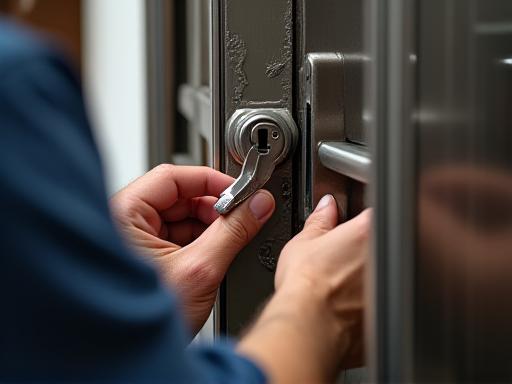 Fabbro che registra le cerniere di una porta blindata.